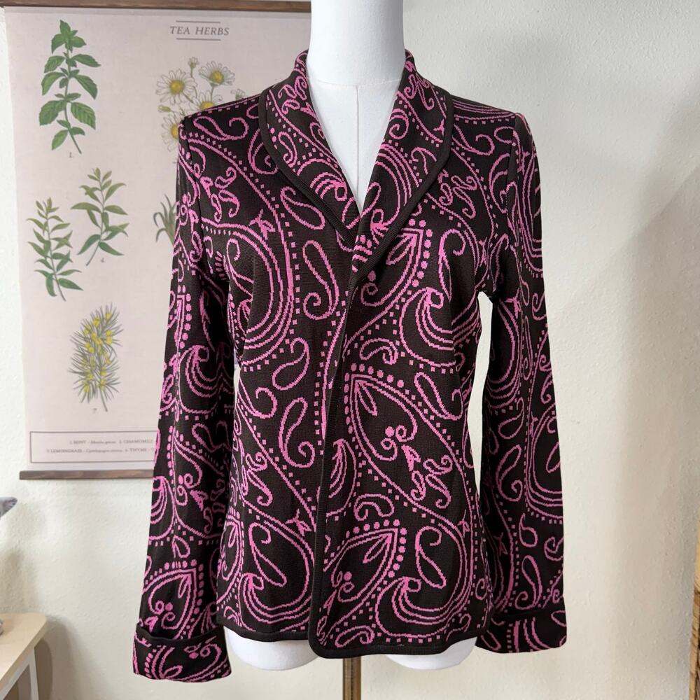 Ming Wang Brown Pink Paisley Cuff Sleeve Collared Open Front Blazer Jacket XS